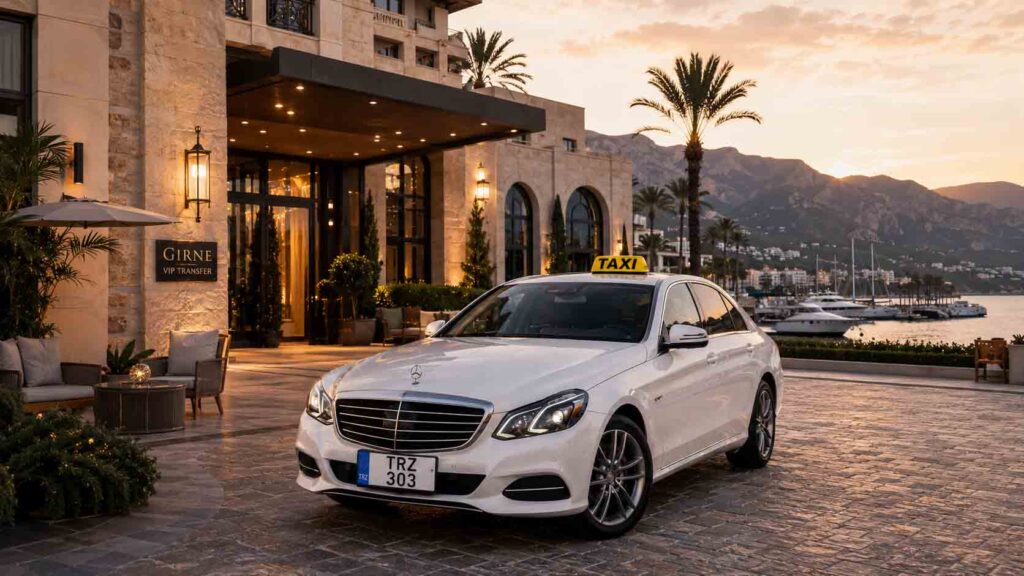 Girne'de özel iş seyahatleri ve otel ulaşımları için lüks siyah Mercedes Vito araçla sunulan Girne VIP transfer hizmeti.